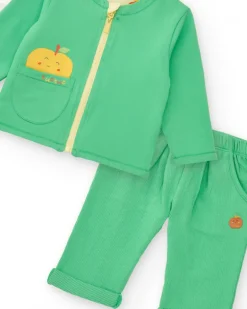 Conjunto de felpa para niño con camiseta de manzanas, pantalón verde y chaqueta con cremallera