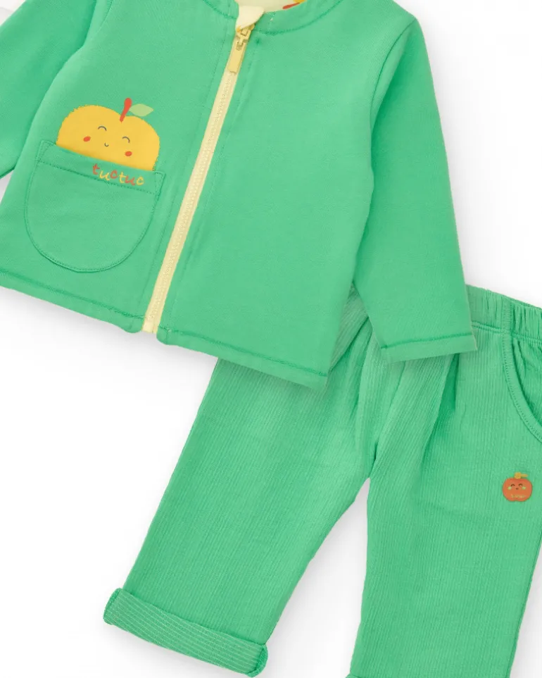 Conjunto de felpa para niño con camiseta de manzanas, pantalón verde y chaqueta con cremallera