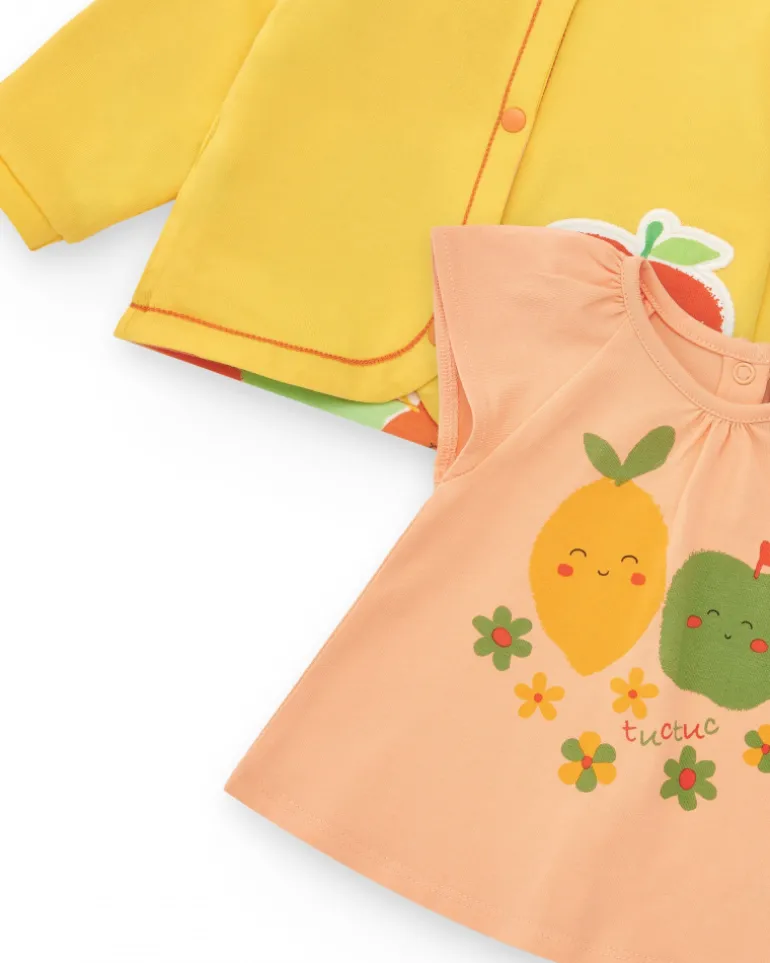 Conjunto de felpa para niña con camiseta de frutas, leggins estampados y chaqueta amarilla