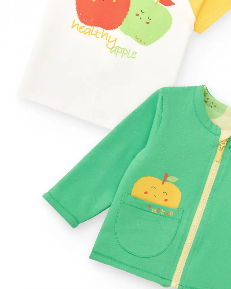 Conjunto de felpa para niño con camiseta de manzanas, pantalón verde y chaqueta con cremallera