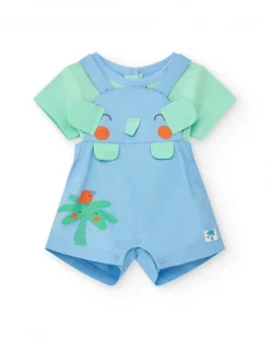 Conjunto de plana para niño con peto de elefante y palmera y camiseta verde