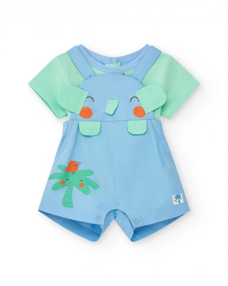 Conjunto de plana para niño con peto de elefante y palmera y camiseta verde