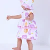 Conjunto de plana para niña con vestido blanco estampado de frutas