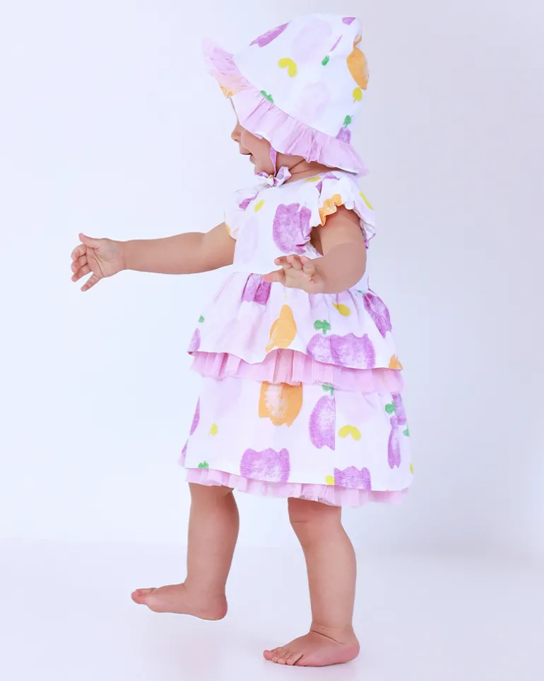 Conjunto de plana para niña con vestido blanco estampado de frutas