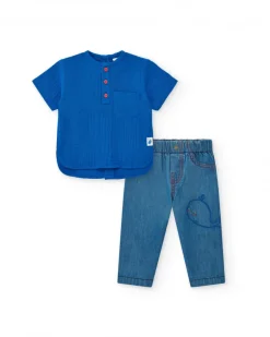 Conjunto de plana para niño con camisa azul de manga corta y pantalón vaquero con bordado de