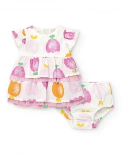 Conjunto de plana para niña con vestido blanco estampado de frutas