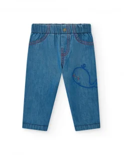 Conjunto de plana para niño con camisa azul de manga corta y pantalón vaquero con bordado de