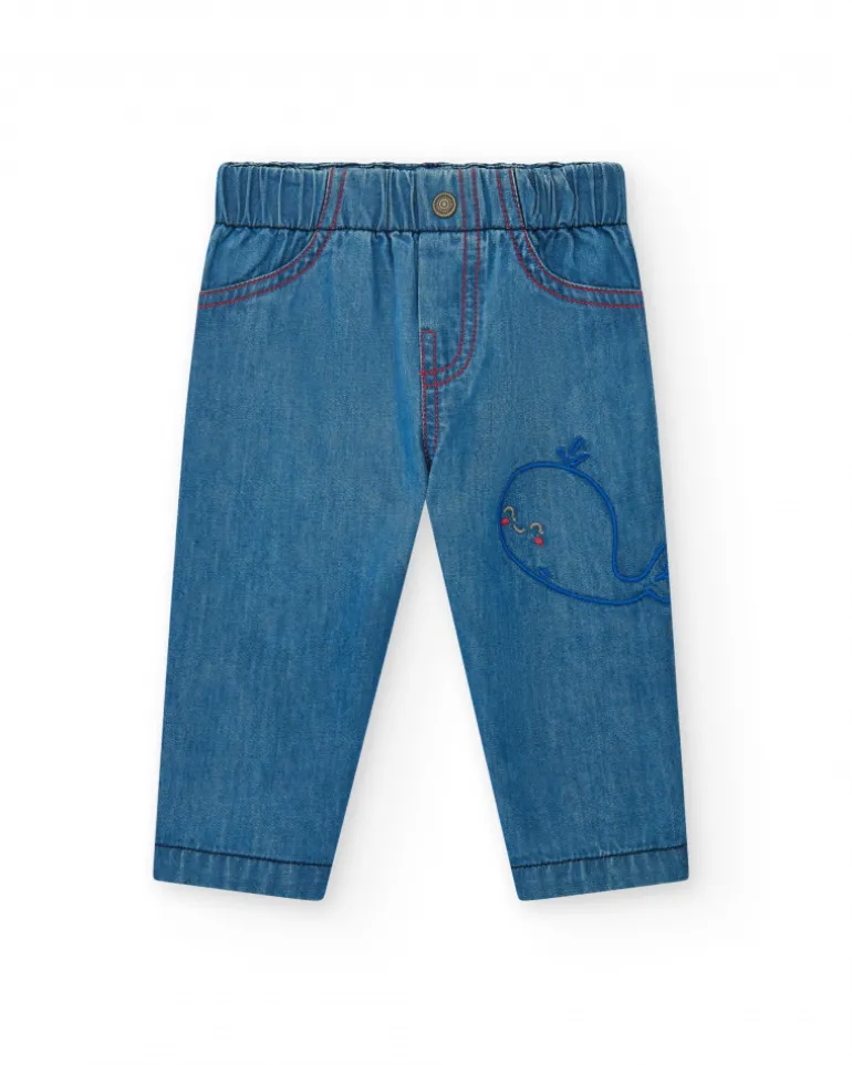 Conjunto de plana para niño con camisa azul de manga corta y pantalón vaquero con bordado de