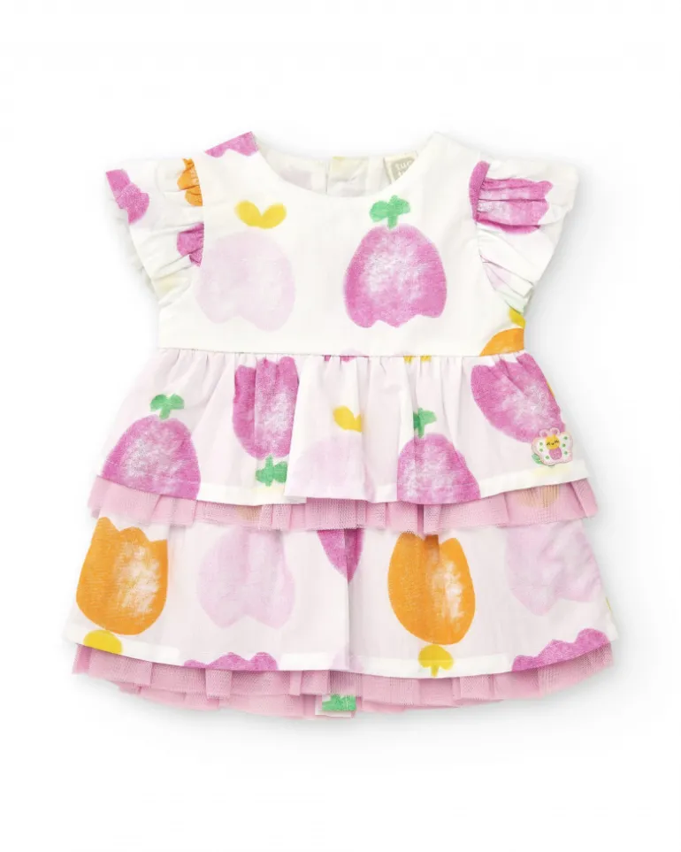 Conjunto de plana para niña con vestido blanco estampado de frutas