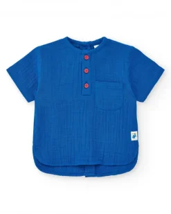 Conjunto de plana para niño con camisa azul de manga corta y pantalón vaquero con bordado de