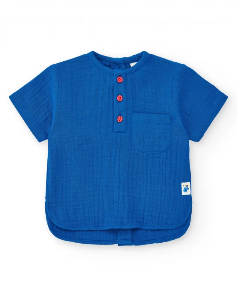 Conjunto de plana para niño con camisa azul de manga corta y pantalón vaquero con bordado de