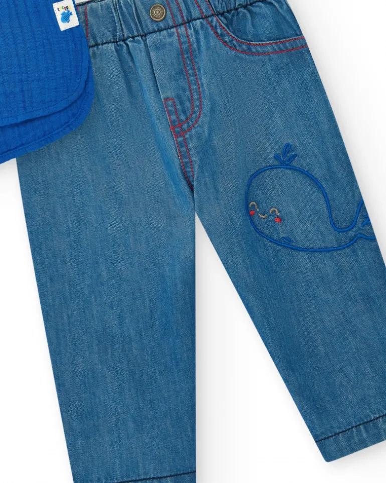 Conjunto de plana para niño con camisa azul de manga corta y pantalón vaquero con bordado de