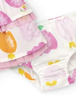 Conjunto de plana para niña con vestido blanco estampado de frutas
