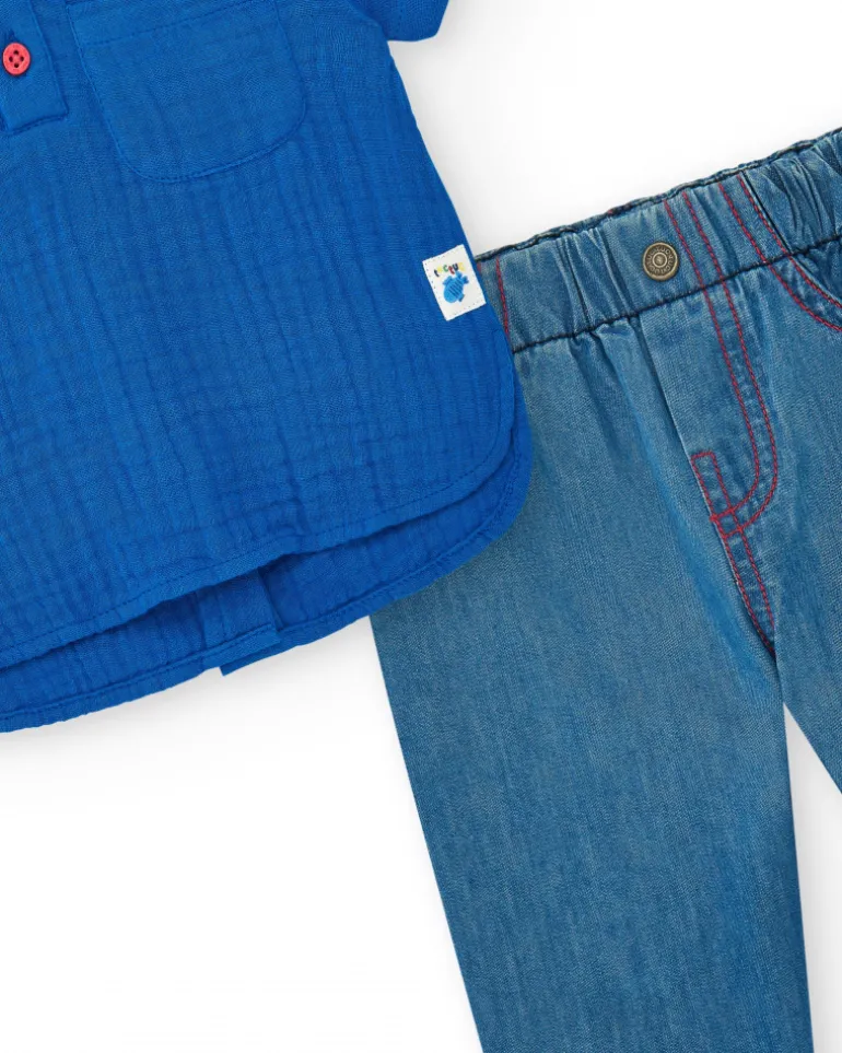 Conjunto de plana para niño con camisa azul de manga corta y pantalón vaquero con bordado de