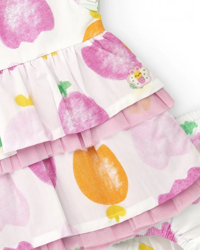 Conjunto de plana para niña con vestido blanco estampado de frutas