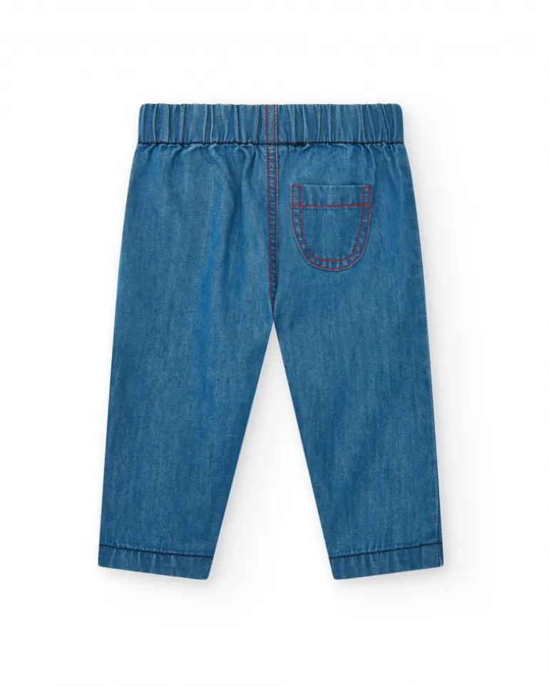 Conjunto de plana para niño con camisa azul de manga corta y pantalón vaquero con bordado de