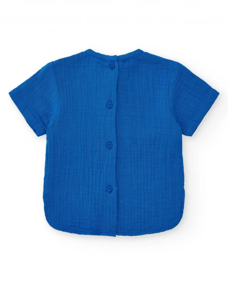 Conjunto de plana para niño con camisa azul de manga corta y pantalón vaquero con bordado de
