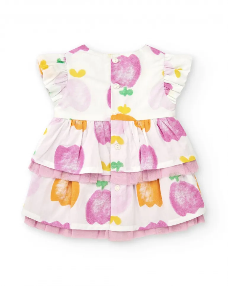 Conjunto de plana para niña con vestido blanco estampado de frutas