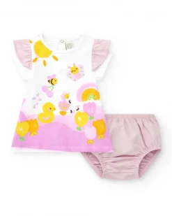 Conjunto de punto para niña con vestido blanco estampado
