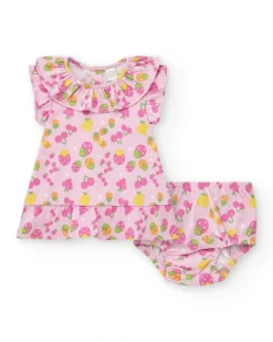 Conjunto de punto para niña con vestido rosa estampado de frutas