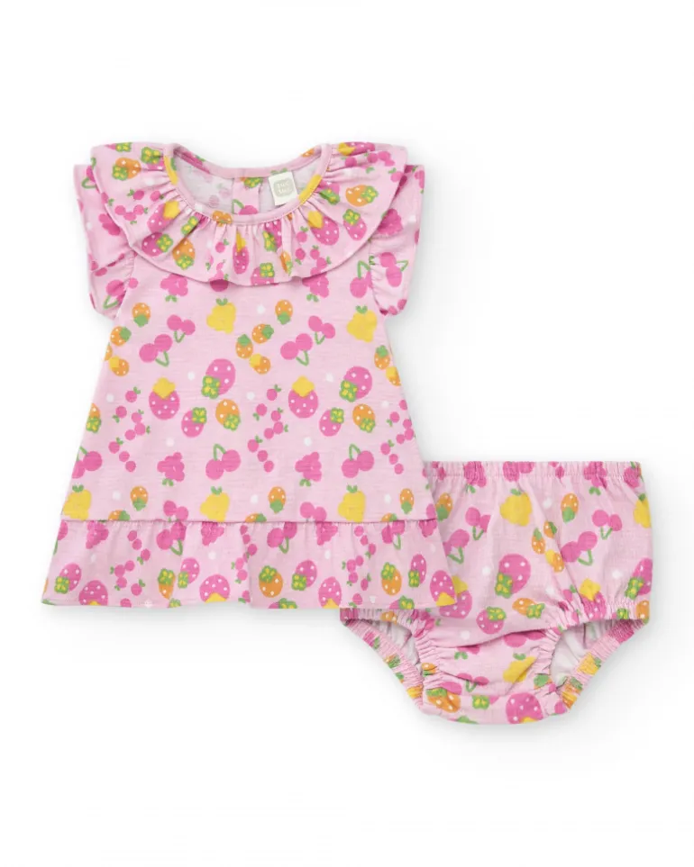 Conjunto de punto para niña con vestido rosa estampado de frutas