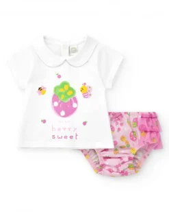 Conjunto de punto para niña con camiseta y braguita blanca estampada
