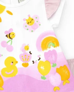 Conjunto de punto para niña con vestido blanco estampado