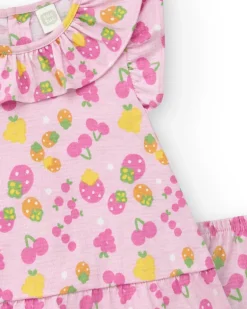 Conjunto de punto para niña con vestido rosa estampado de frutas