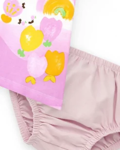 Conjunto de punto para niña con vestido blanco estampado
