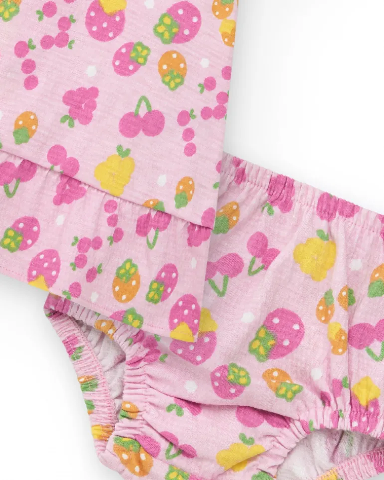 Conjunto de punto para niña con vestido rosa estampado de frutas