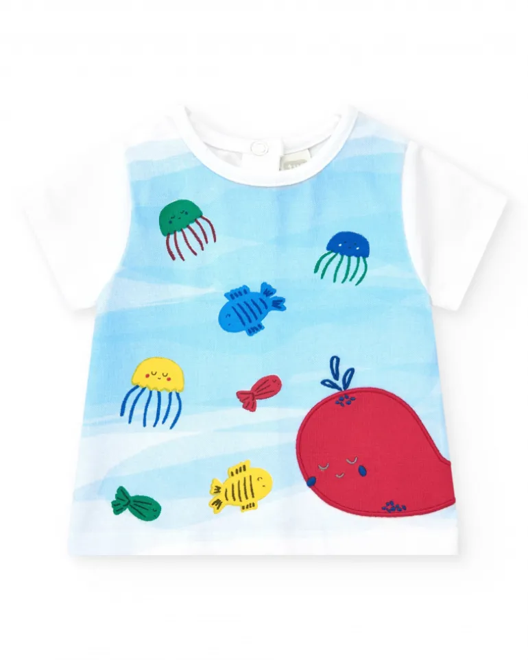 Conjunto de punto para niño con camiseta blanca y shorts rojos con detalles en blanco