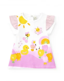 Conjunto de punto para niña con vestido blanco estampado