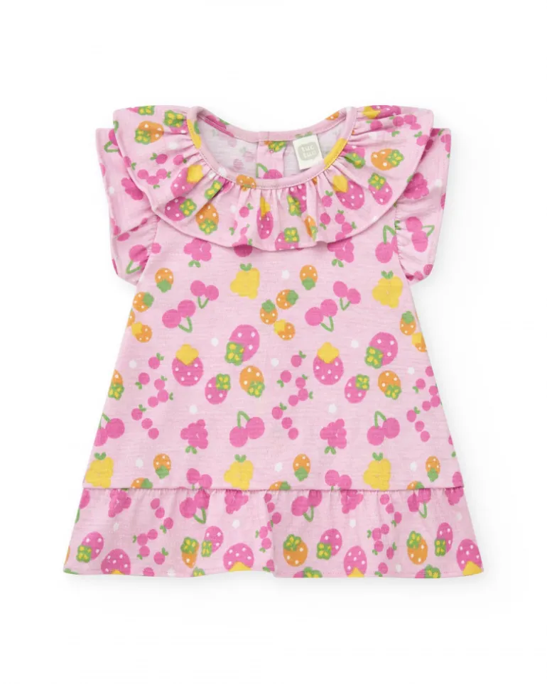 Conjunto de punto para niña con vestido rosa estampado de frutas