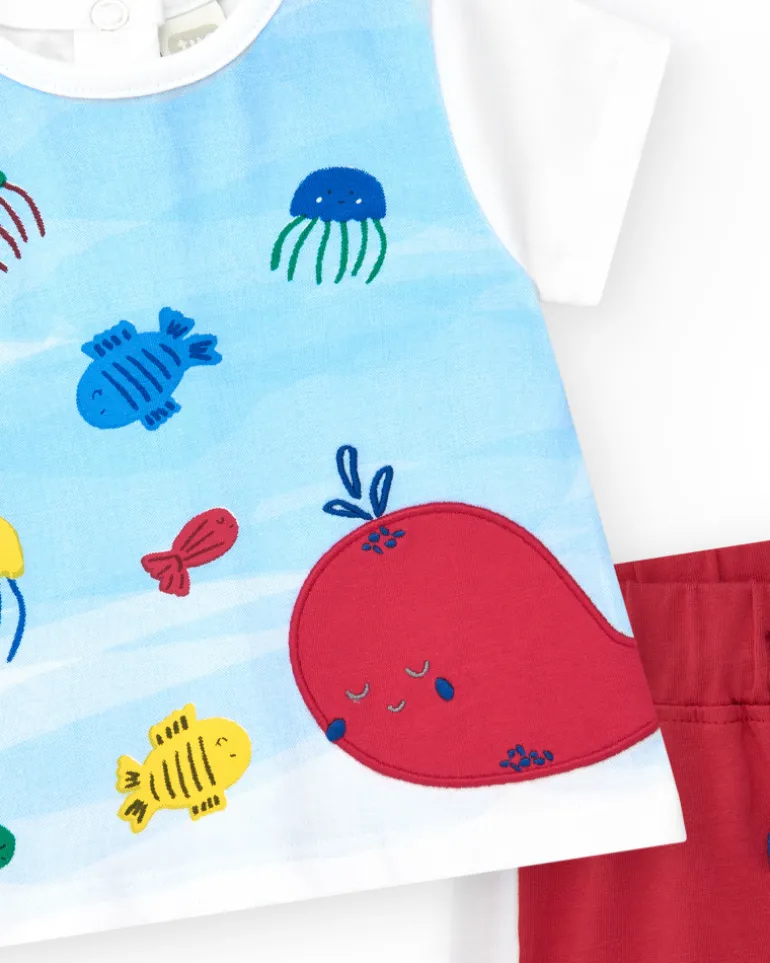 Conjunto de punto para niño con camiseta blanca y shorts rojos con detalles en blanco
