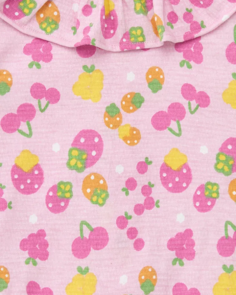 Conjunto de punto para niña con vestido rosa estampado de frutas