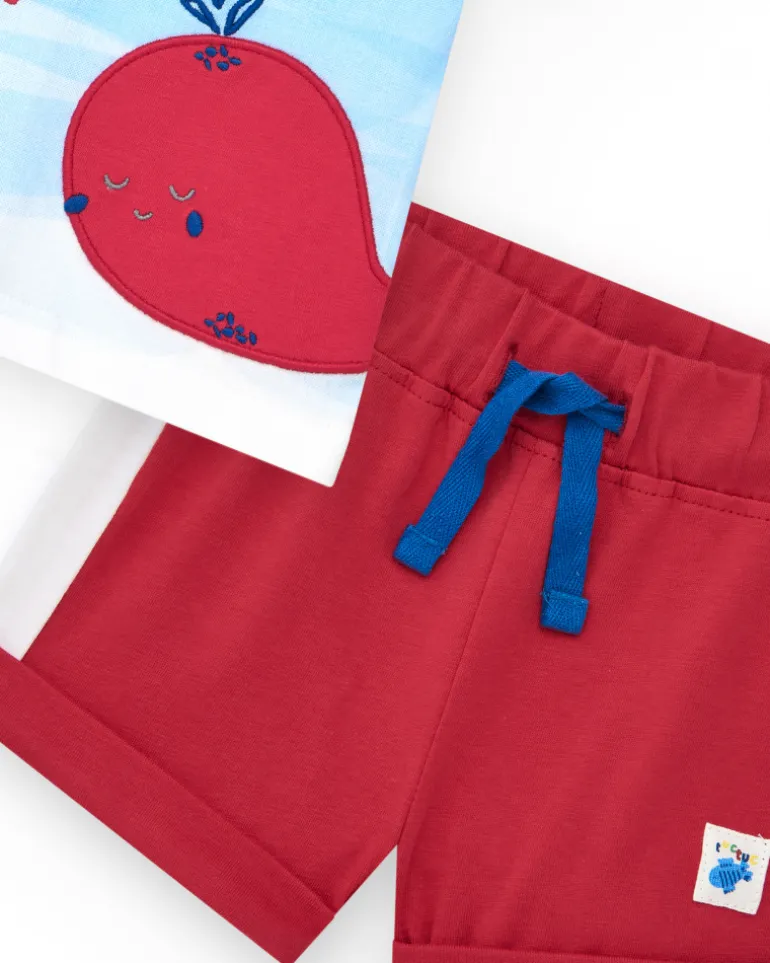 Conjunto de punto para niño con camiseta blanca y shorts rojos con detalles en blanco