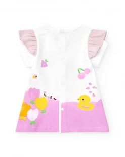 Conjunto de punto para niña con vestido blanco estampado