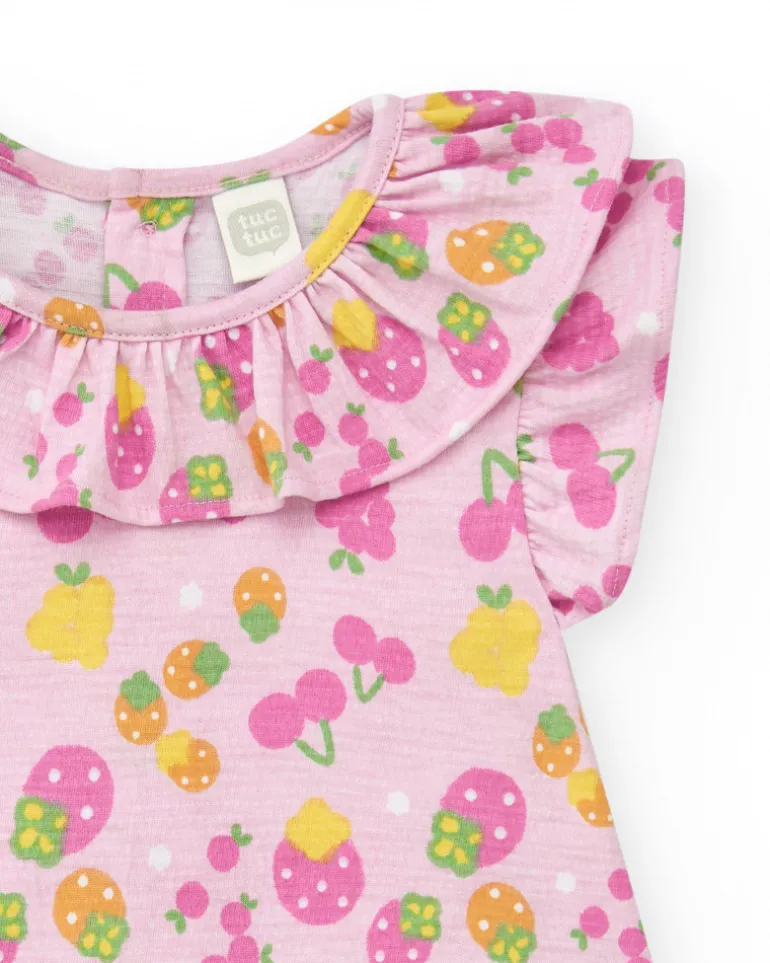 Conjunto de punto para niña con vestido rosa estampado de frutas