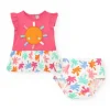 Conjunto fucsia para niña con vestido de sol y braguita con estampado tropical