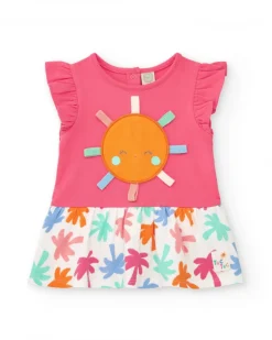 Conjunto fucsia para niña con vestido de sol y braguita con estampado tropical