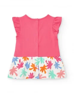 Conjunto fucsia para niña con vestido de sol y braguita con estampado tropical
