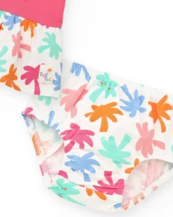 Conjunto fucsia para niña con vestido de sol y braguita con estampado tropical