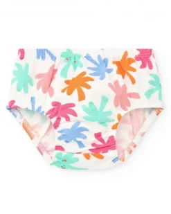 Conjunto fucsia para niña con vestido de sol y braguita con estampado tropical