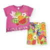 Conjunto lila para niña con camiseta de flecos y legging frutal