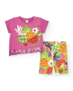 Conjunto lila para niña con camiseta de flecos y legging frutal