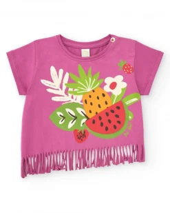 Conjunto lila para niña con camiseta de flecos y legging frutal