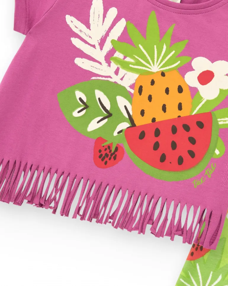 Conjunto lila para niña con camiseta de flecos y legging frutal