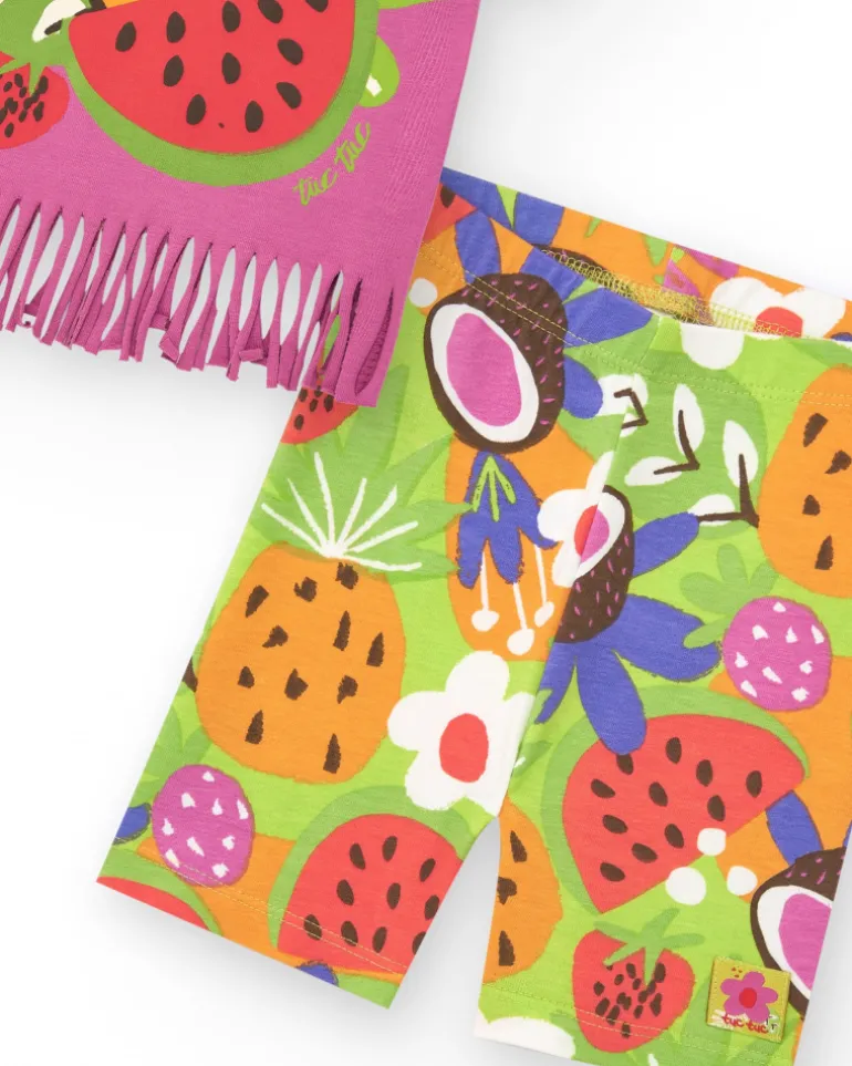 Conjunto lila para niña con camiseta de flecos y legging frutal
