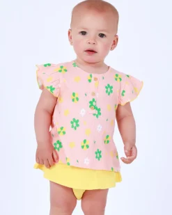 Conjunto para niña con blusa de flores y braguita amarilla