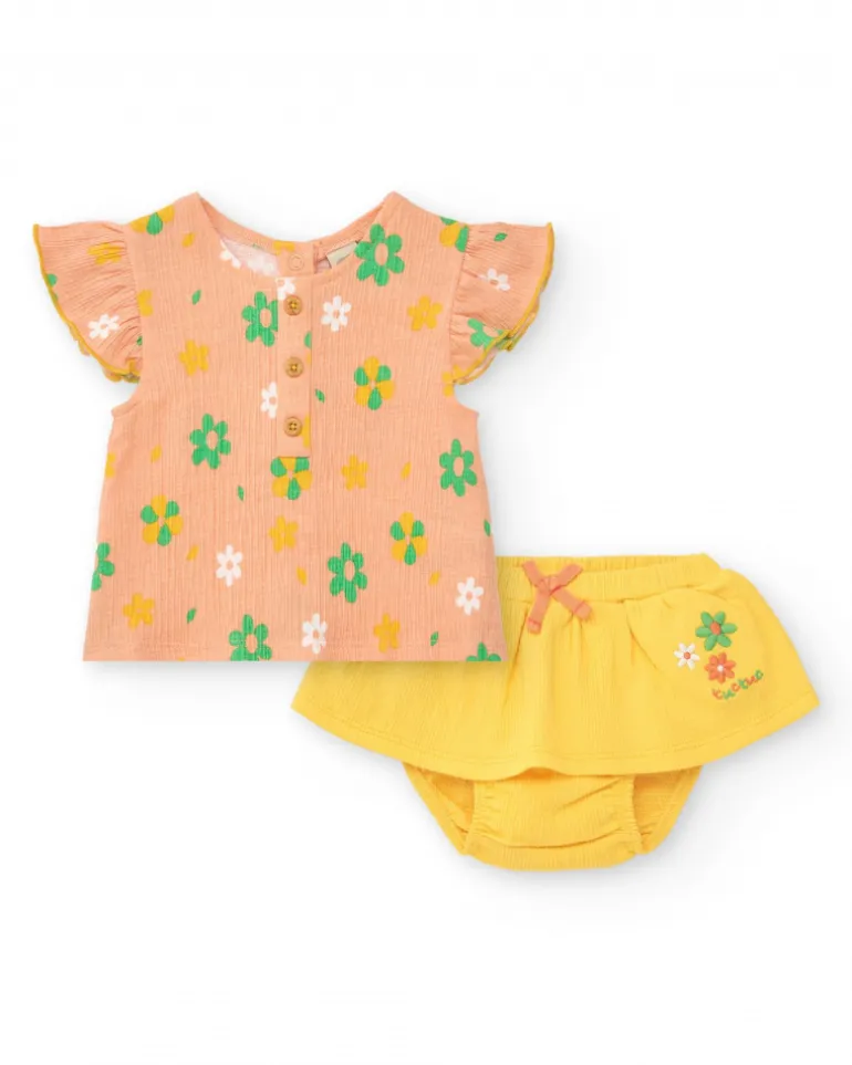 Conjunto para niña con blusa de flores y braguita amarilla